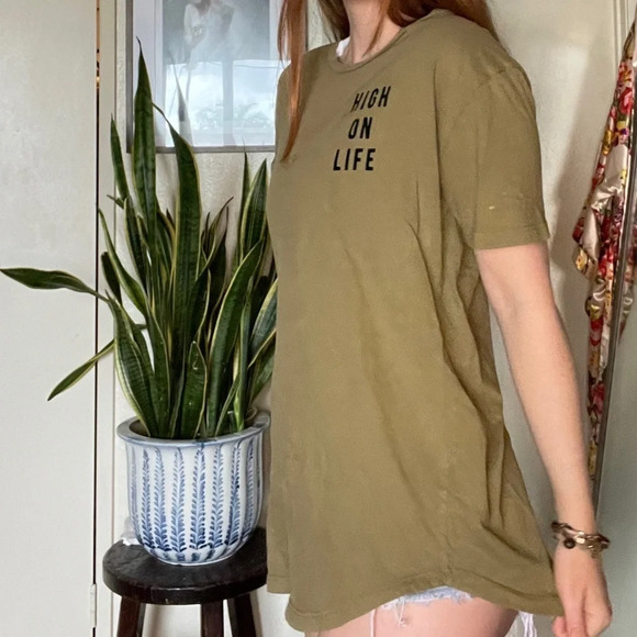 Vintage 1970s Upcycled Shirt  “high On Life” Art to wear top green black tunic - Picture 2 of 11